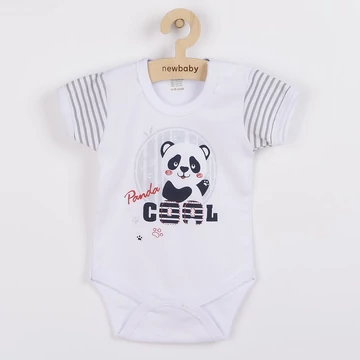 Aranyos pamut body kisbabáknak, csíkos ujjak, pandamackó minta, könnyű öltöztetés, unisex dizájn.