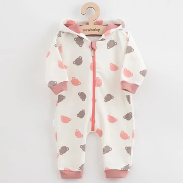 Rózsaszín New Baby kapucnis overall 92-es méretben, mackó mintával és pomponnal, kényelmes anyagból.