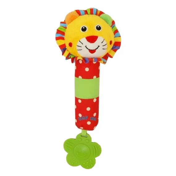 Színes, sípoló és csörgős játék, rágókával, 0 hónapos kortól ajánlott, 18 cm magas.