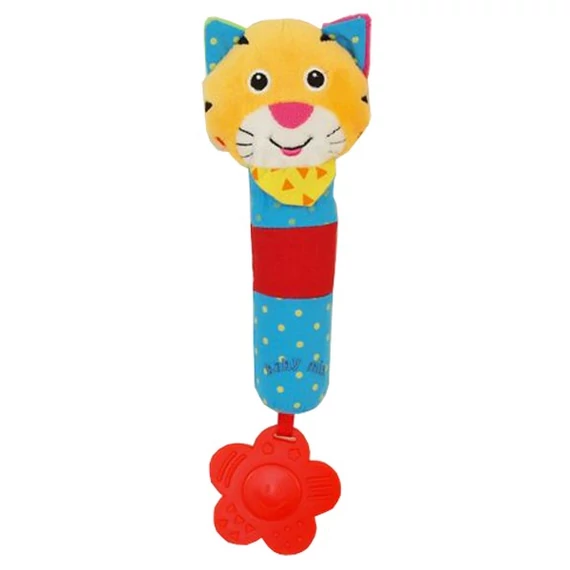 Színes játék baba sípolóval és csörgővel, 0 hónapos kortól, puha anyagból készült. Magassága cca 17 cm.