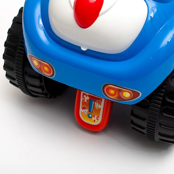 hangos kormánnyal és csomagtartóval.|||Baby Mix kék panda mintás jármű