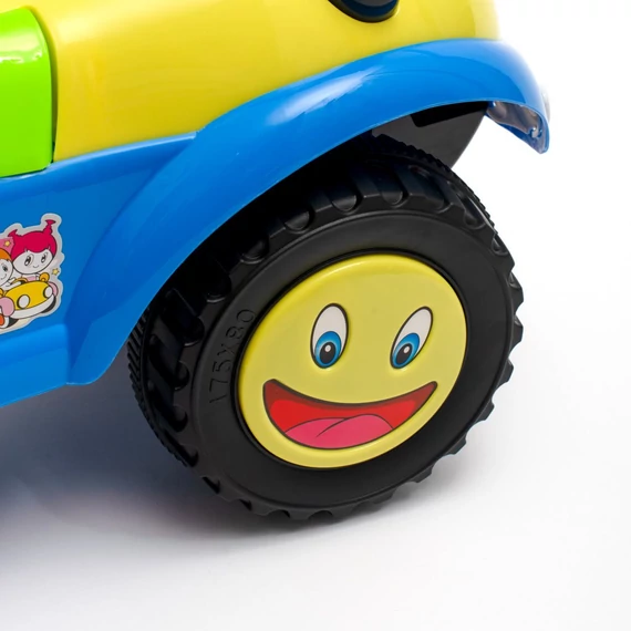 hangos kormánnyal és tárolóval.|||Kék Baby Mix panda mintás jármű