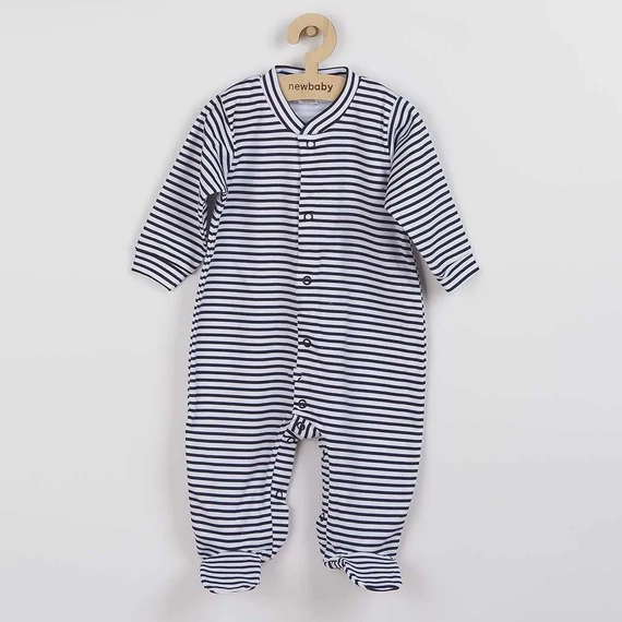 New Baby Classic II kék csíkos baba kezeslábas, 50-es méret, 100% pamut, könnyű öltöztetés patentokkal.