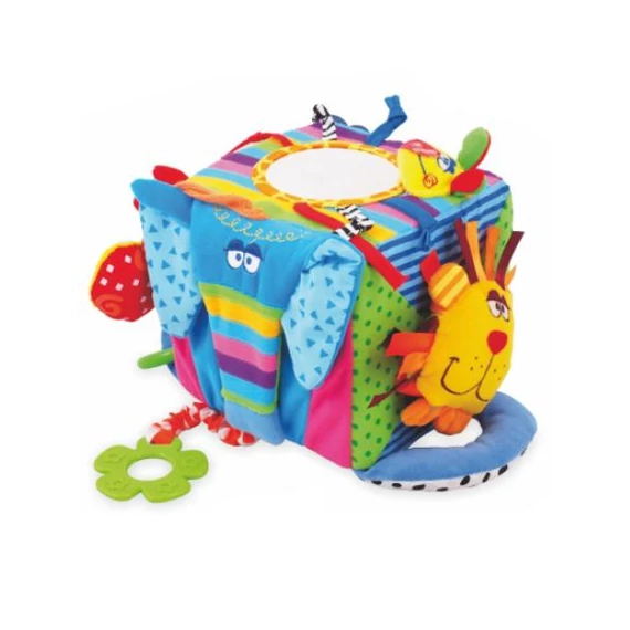 BABY MIX interaktív játék: színes elefánt, csörgő, tükör, 16x16x16 cm, érzékfejlesztés újszülötteknek.