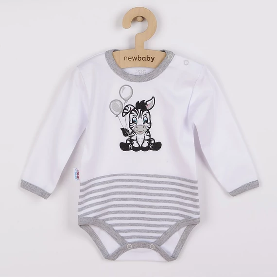 Aranyos zebra hímzésű baba body, csíkos alsóval, puha 100% pamutból, patentos záródással.