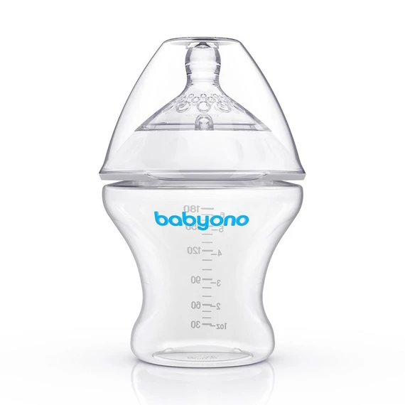 BABY ONO áttetsző kólika elleni cumisüveg, 180 ml, természetes szívó reflexet támogató dizájn.