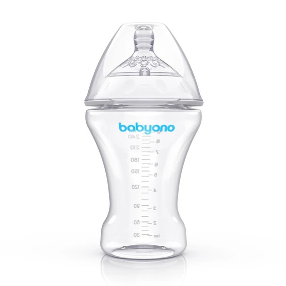 BABY ONO átlátszó kólika elleni cumisüveg, 260 ml, anya mellett utánzó forma, könnyű etetés.