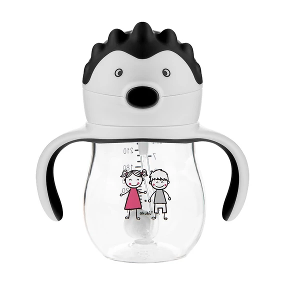 AKUKU szürke itató pohár 250ml szilikonos szívószállal, BPA-mentes, karcálló, gyermekeknek 12 hónapos kortól.