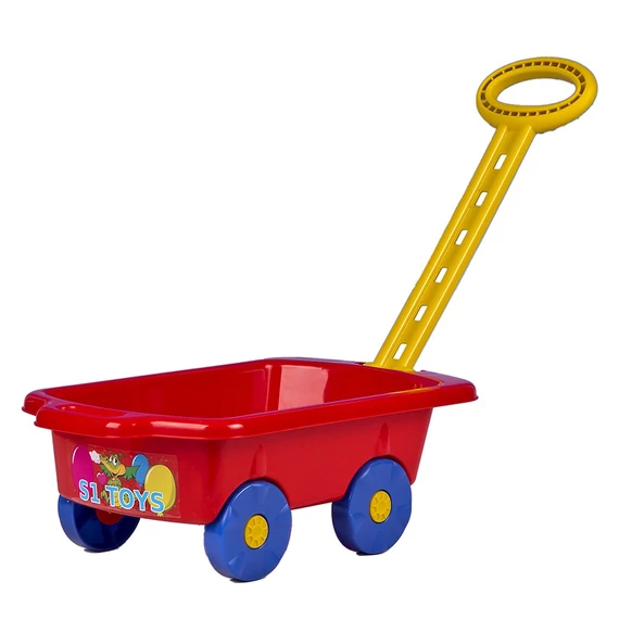 Bayo piros gyermek kerekes szekér, 45x28x16 cm, ideális játékok szállítására és motoros fejlődésre.