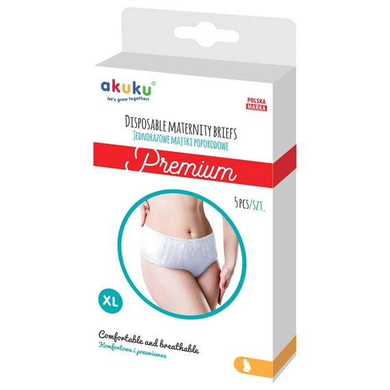 Akuku XL eldobható szülés utáni bugyi, fehér, kényelmes és higiénikus megoldás anyáknak. 5 darab/csomag.