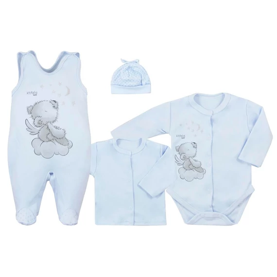 Koala 4-részes baba együttes, kék, 50-es méretben, pamut anyagból, aranyos maci díszítéssel. Ideális kórházba!