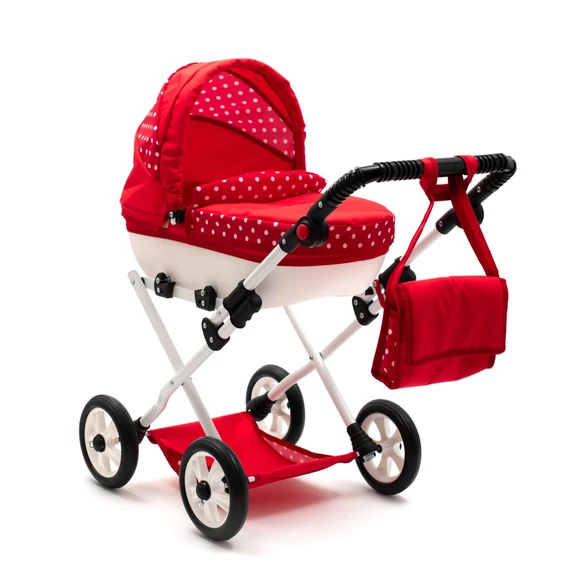 New Baby piros babakocsi, modern műanyag mózeskosárral, állítható tolókarral, könnyű és stabil használat.