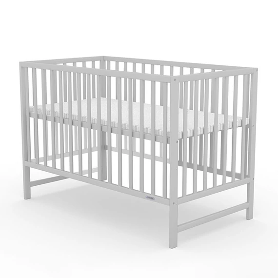 New Baby szürke gyerekágy, 125x65x87 cm, 100% fenyőfa, biztonságos, állítható magasságú.