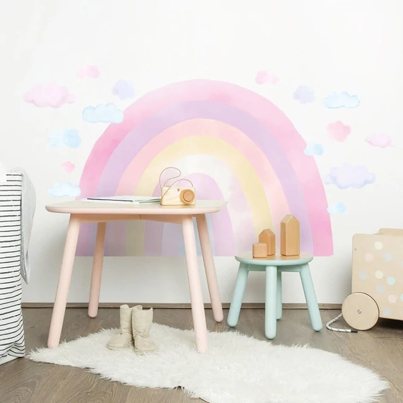 BAYO rózsaszín szivárvány falmatrica, tökéletes gyerekszobába, egyedi akvarell designnal. 
