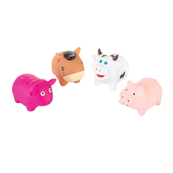 AKUKU multicolor fürdőjáték készlet, 4 cm-6 cm állatokkal: póni, birka, malac, tehén. Színes és biztonságos játék kisgyermekeknek.