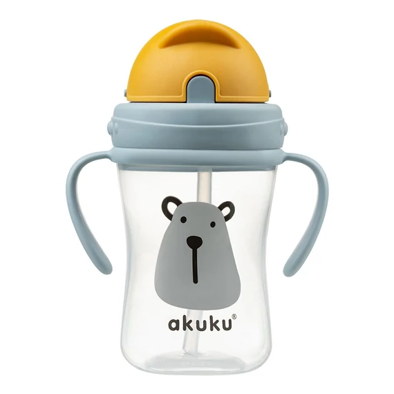 AKUKU szürke itatópohár 300 ml, ergonomikus, szívószállal, ideális ivástanuláshoz. BPA-mentes, könnyen tisztítható.