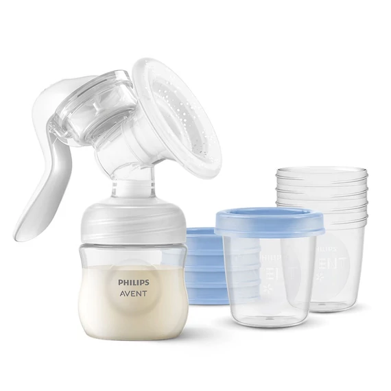 AVENT kézi mellszívó, biszfenolmentes, 125 ml tejtartállyal és extra puha cumival, praktikus és csendes használat.