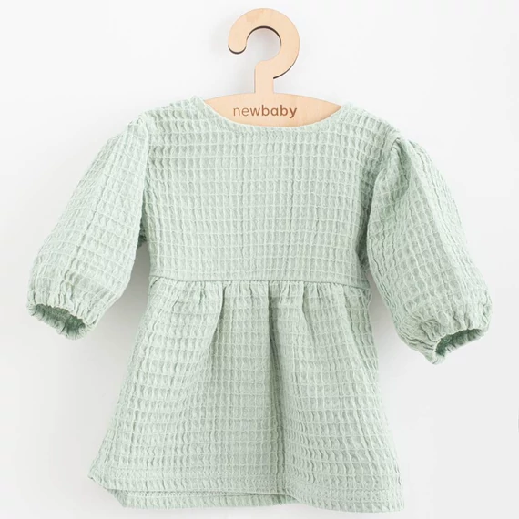 Zöld muszlin kislány ruha, NEW BABY, 62-es méret, kényelmes, stílusos, 3/4-es ujjú dizájn.