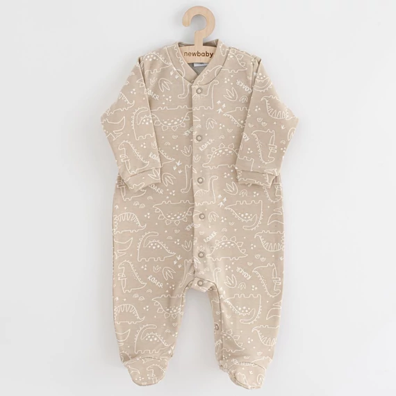 Bézs New Baby Classic II. dinós kezeslábas, 80-as méret, 100% pamut, patentos öltöztetéshez.