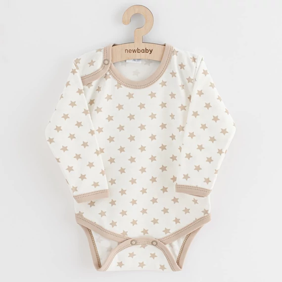 New Baby bézs baba body, 80-as méret, puha pamut anyag, könnyen öltöztethető csillagmintával.