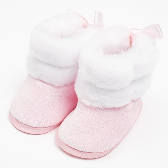 New Baby rózsaszín téli cipő 6-12 hónapos babáknak, meleg velúrból, rugalmas talppal a kényelmes járáshoz.