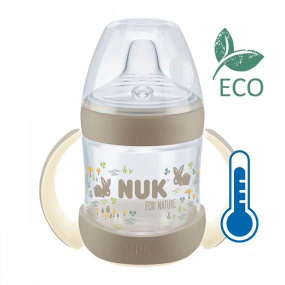 NUK for Nature tanuló itatópohár, 150 ml, barna színben, hőmérséklet-jelzővel és puha szilikon itatócsőrrel.