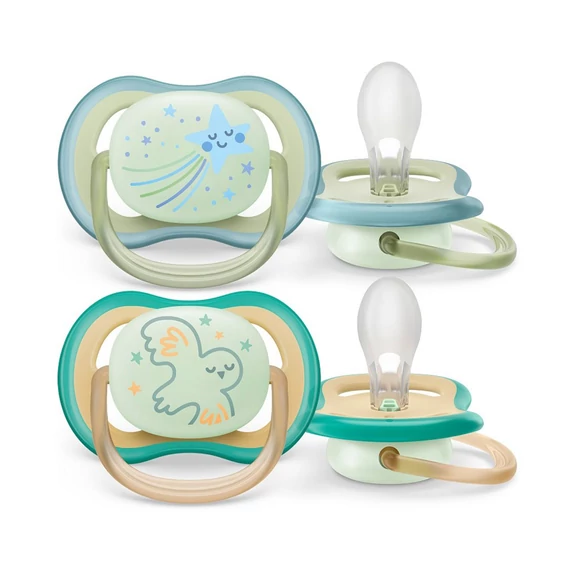 AVENT Ultra Air Night szilikon cumi, multicolor, 0-6 hónapos babáknak, kényelmes és légáteresztő design.