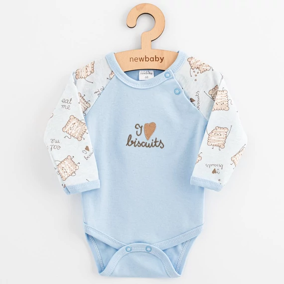New Baby hosszú ujjú body, süti minta, 100% pamut, patentos váll és ülep, kényelmes viselet babáknak.