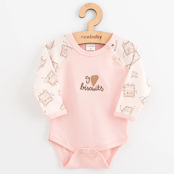 Aranyos hosszú ujjú baba body, New Baby Biscuits mintával, 100% pamut, patentos váll és ülep. Kényelmes viselet!