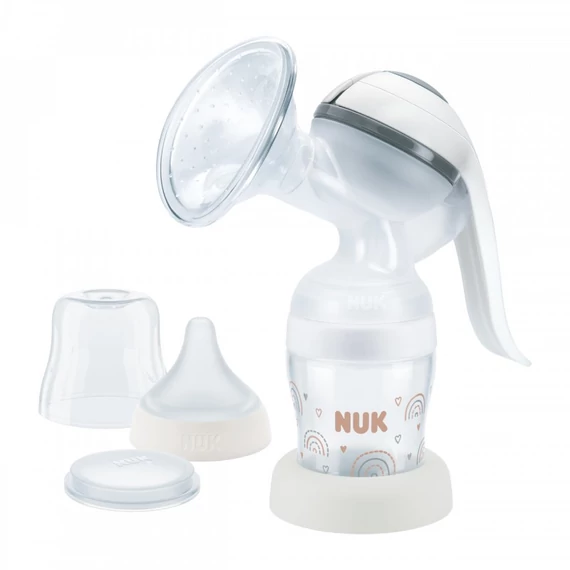 NUK Perfect Match kézi mellszívó, puha szilikon párnával, ergonomikus kar, 150 ml-es üveggel, könnyű használat.